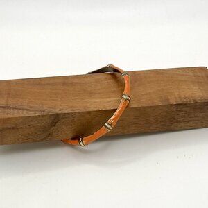 Vintage Orange Enamel Brass Bamboo Bangle Bracelet Gold Tone Retro MCM Costume